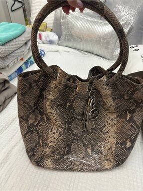 Michael Kors Brown Snake-Print Ring Handle Tote with Tassel Charm